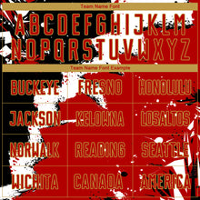 Load image into Gallery viewer, Custom Black Red-Old Gold Spalsh Sublimation Soccer Uniform Jersey