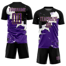 Load image into Gallery viewer, Custom Black Purple-Old Gold Spalsh Sublimation Soccer Uniform Jersey