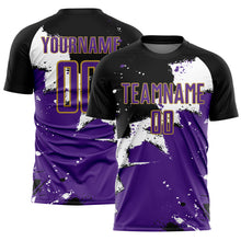 Load image into Gallery viewer, Custom Black Purple-Old Gold Spalsh Sublimation Soccer Uniform Jersey