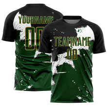 Load image into Gallery viewer, Custom Black Green-Old Gold Spalsh Sublimation Soccer Uniform Jersey