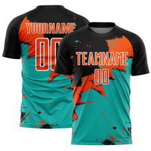 Load image into Gallery viewer, Custom Black Orange-Aqua Spalsh Sublimation Soccer Uniform Jersey