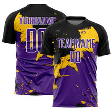 Load image into Gallery viewer, Custom Black Purple-Yellow Spalsh Sublimation Soccer Uniform Jersey