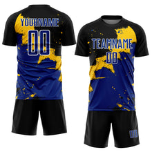 Load image into Gallery viewer, Custom Black Royal-Yellow Spalsh Sublimation Soccer Uniform Jersey