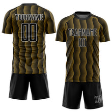Load image into Gallery viewer, Custom Black Old Gold-White Geometric Shape Sublimation Soccer Uniform Jersey