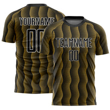 Load image into Gallery viewer, Custom Black Old Gold-White Geometric Shape Sublimation Soccer Uniform Jersey