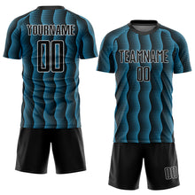 Load image into Gallery viewer, Custom Black Sky Blue-White Geometric Shape Sublimation Soccer Uniform Jersey