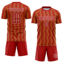 Load image into Gallery viewer, Custom Red Old Gold-White Geometric Shape Sublimation Soccer Uniform Jersey