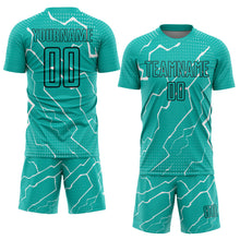 Load image into Gallery viewer, Custom Aqua Black-White Lightning Sublimation Soccer Uniform Jersey