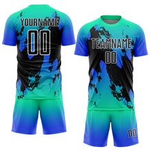 Load image into Gallery viewer, Custom Aqua Black-Thunder Blue Splash Sublimation Soccer Uniform Jersey