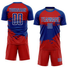 Load image into Gallery viewer, Custom Red Royal-White Splash Sublimation Soccer Uniform Jersey