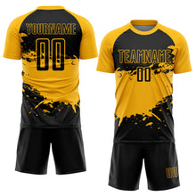 Load image into Gallery viewer, Custom Black Gold Splash Sublimation Soccer Uniform Jersey