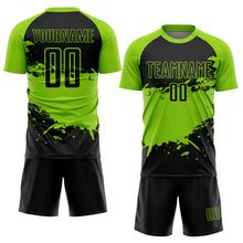 Load image into Gallery viewer, Custom Black Neon Green Splash Sublimation Soccer Uniform Jersey