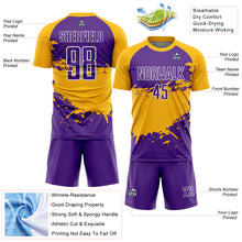 Load image into Gallery viewer, Custom Purple Gold-White Splash Sublimation Soccer Uniform Jersey