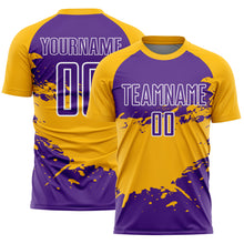 Load image into Gallery viewer, Custom Purple Gold-White Splash Sublimation Soccer Uniform Jersey