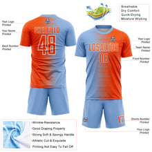 Load image into Gallery viewer, Custom Light Blue Orange-White Gradient Line Sublimation Soccer Uniform Jersey