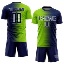 Load image into Gallery viewer, Custom Navy Neon Green-White Gradient Line Sublimation Soccer Uniform Jersey