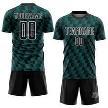Load image into Gallery viewer, Custom Black Teal-White Line Sublimation Soccer Uniform Jersey