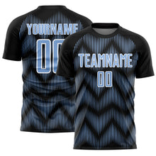 Load image into Gallery viewer, Custom Black Light Blue-White Line Sublimation Soccer Uniform Jersey