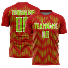 Load image into Gallery viewer, Custom Red Neon Green-White Line Sublimation Soccer Uniform Jersey