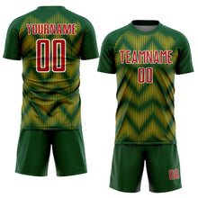 Load image into Gallery viewer, Custom Green Red-Gold Line Sublimation Soccer Uniform Jersey