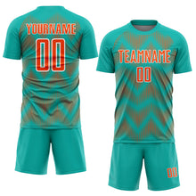 Load image into Gallery viewer, Custom Aqua Orange-White Line Sublimation Soccer Uniform Jersey