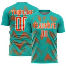 Load image into Gallery viewer, Custom Aqua Orange-White Line Sublimation Soccer Uniform Jersey