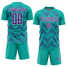 Load image into Gallery viewer, Custom Aqua Purple-White Line Sublimation Soccer Uniform Jersey