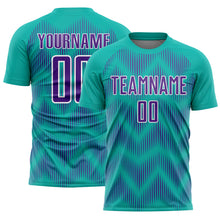 Load image into Gallery viewer, Custom Aqua Purple-White Line Sublimation Soccer Uniform Jersey