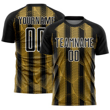 Load image into Gallery viewer, Custom Black Old Gold-White Abstract Network Sublimation Soccer Uniform Jersey