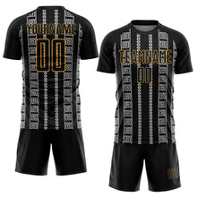 Load image into Gallery viewer, Custom Black Old Gold-White Geometric Shape Sublimation Soccer Uniform Jersey