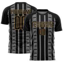 Load image into Gallery viewer, Custom Black Old Gold-White Geometric Shape Sublimation Soccer Uniform Jersey