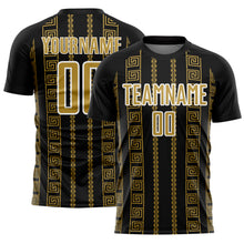 Load image into Gallery viewer, Custom Black Old Gold-White Geometric Shape Sublimation Soccer Uniform Jersey