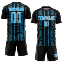 Load image into Gallery viewer, Custom Black Sky Blue-White Geometric Shape Sublimation Soccer Uniform Jersey