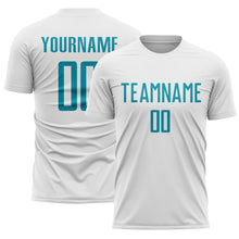 Load image into Gallery viewer, Custom White Teal Sublimation Soccer Uniform Jersey