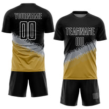 Load image into Gallery viewer, Custom Black Gray-Old Gold Gradient Geometric Shape Sublimation Soccer Uniform Jersey