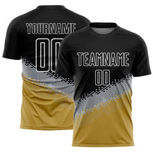 Load image into Gallery viewer, Custom Black Gray-Old Gold Gradient Geometric Shape Sublimation Soccer Uniform Jersey