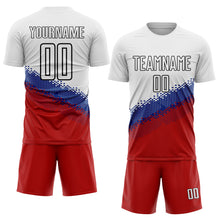 Load image into Gallery viewer, Custom White Royal Red-Black Gradient Geometric Shape Sublimation Soccer Uniform Jersey