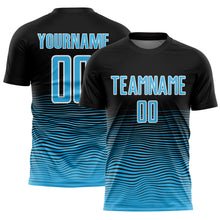 Load image into Gallery viewer, Custom Black Sky Blue-White Gradient Line Sublimation Soccer Uniform Jersey
