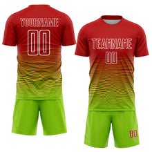 Load image into Gallery viewer, Custom Red Neon Green-White Gradient Line Sublimation Soccer Uniform Jersey