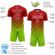 Load image into Gallery viewer, Custom Red Neon Green-White Gradient Line Sublimation Soccer Uniform Jersey
