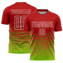 Load image into Gallery viewer, Custom Red Neon Green-White Gradient Line Sublimation Soccer Uniform Jersey