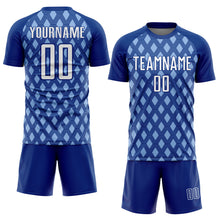 Load image into Gallery viewer, Custom Royal White-Light Blue Geometric Shape Sublimation Soccer Uniform Jersey