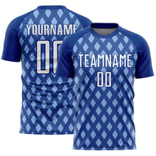 Load image into Gallery viewer, Custom Royal White-Light Blue Geometric Shape Sublimation Soccer Uniform Jersey