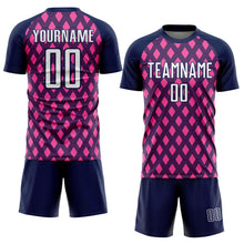 Load image into Gallery viewer, Custom Navy White-Pink Geometric Shape Sublimation Soccer Uniform Jersey