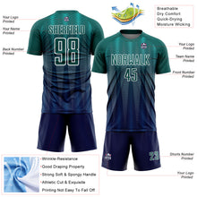 Load image into Gallery viewer, Custom Neon Green Navy-White Gradient Line Sublimation Soccer Uniform Jersey