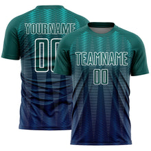 Load image into Gallery viewer, Custom Neon Green Navy-White Gradient Line Sublimation Soccer Uniform Jersey