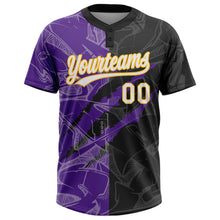Load image into Gallery viewer, Custom Graffiti Pattern Black Purple-Gold 3D Two-Button Unisex Softball Jersey