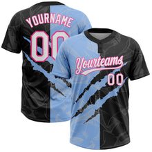 Load image into Gallery viewer, Custom Graffiti Pattern Black Light Blue-Pink 3D Two-Button Unisex Softball Jersey