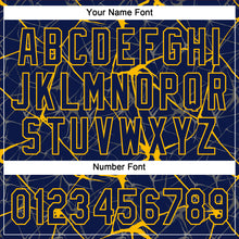 Load image into Gallery viewer, Custom Navy Gold 3D Pattern Abstract Network Two-Button Unisex Softball Jersey