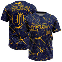 Load image into Gallery viewer, Custom Navy Gold 3D Pattern Abstract Network Two-Button Unisex Softball Jersey
